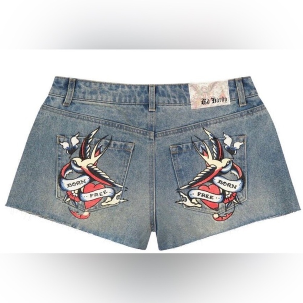 Ed Hardy Swallow Light Tint Denim jeans raw hem‎ cut off Shorts  WEHD8000-5 sz M - Picture 6 of 7